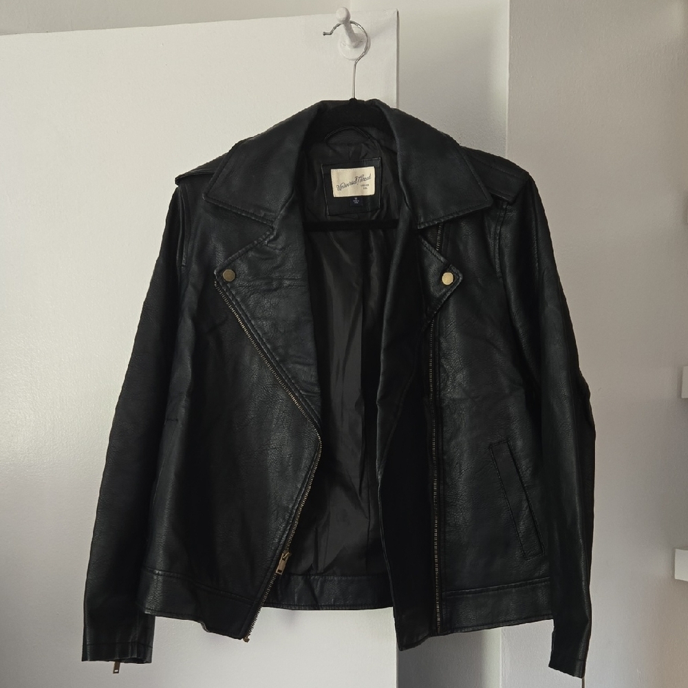 Universal Thread Black Faux Leather Biker Jacket with Burnished Gold Details